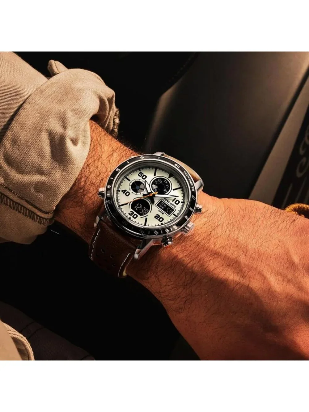 Men's Brown Analog Leather Waterproof Military Multifunctional LED Digital Watch